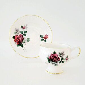 Royal Dover Burgundy Red Rose Teacup & Saucer, Footed, Gold Trim, Elegant